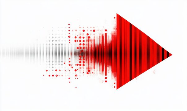 Abstract digital arrow composed of red and gray dots and vertical bars moving from left to right symbolizing progress and motion - Powered by Adobe