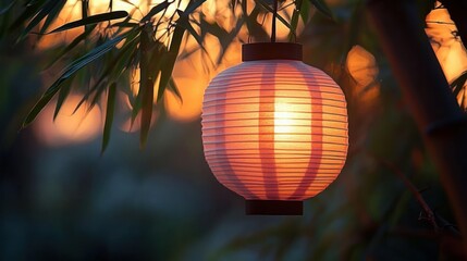 glowing paper lantern hanging from tree branches during sunset casting warm light and shadows