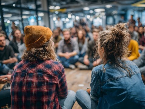 A group of diverse young adults sit in a circle for a discussion in a modern open office environment.