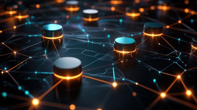 Glowing interconnected cylindrical nodes on a dark surface representing network connections with orange and blue light trails
