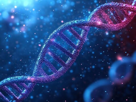 Close-up 3D rendering of a DNA double helix structure glowing with small particles on a blue and purple gradient background - Powered by Adobe