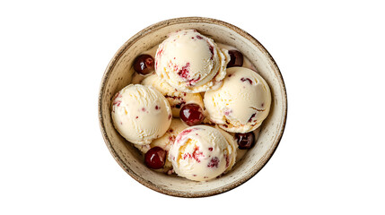 Top-down view of cherry vanilla ice cream scoops in a rustic bowl