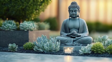 Calm gray Buddha statue in meditation pose surrounded by green succulents and a lit candle creating a peaceful serene garden atmosphere