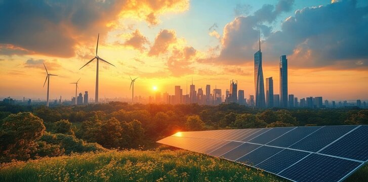 Solar panels and wind turbines in a green field with a dense forest and a city skyline at sunset under a vibrant sky with scattered clouds
