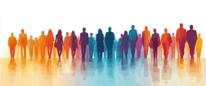 Group of business people walking forward with reflections on shiny floor in vibrant warm and cool tones