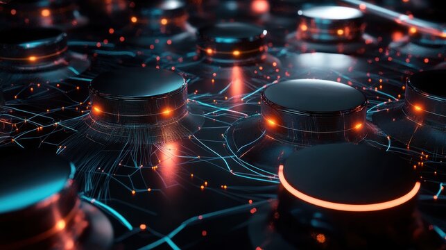 Close-up view of connected dark circular nodes illuminated by glowing orange and blue network lines representing a digital or futuristic data system - Powered by Adobe