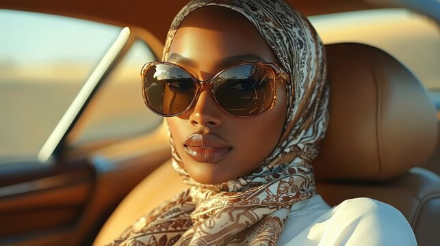 Confident woman wearing large sunglasses and patterned headscarf sitting inside a car bathed in warm sunlight