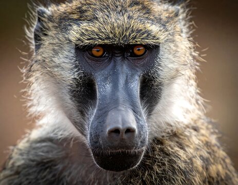 Close-up portrait of a baboon's face staring directly at the viewer - Powered by Adobe