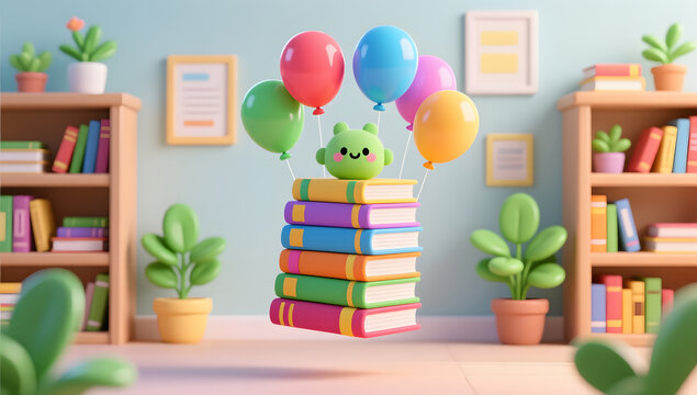 Colorful books and balloons create back to school childlike atmosphere