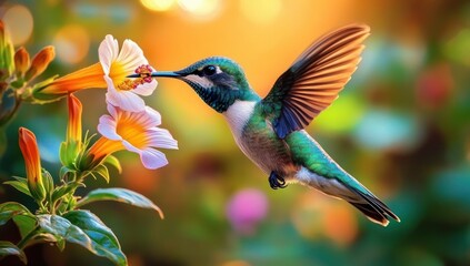 Fototapeta premium Colorful hummingbird feeding nectar from a delicate pink flower in bright natural sunlight with blurred green and orange background