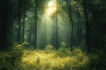 Obraz premium Sunlight streaming through tall trees illuminating vibrant green foliage in a dense, tranquil forest clearing