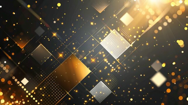 Abstract geometric background with golden squares and sparkling light effects