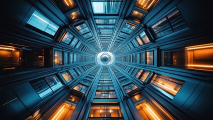 Looking upward inside a modern tall building with symmetrical glass windows and warm yellow lights contrasting cool blue tones creating a hypnotic tunnel effect