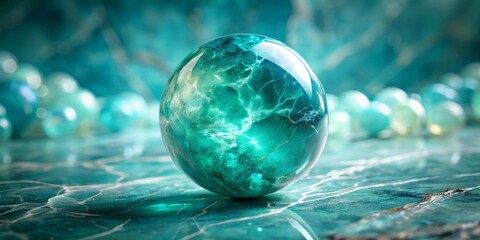 A mesmerizing teal sphere rests on a polished surface, surrounded by a soft-focus backdrop of similar orbs, creating an elegant and serene visual