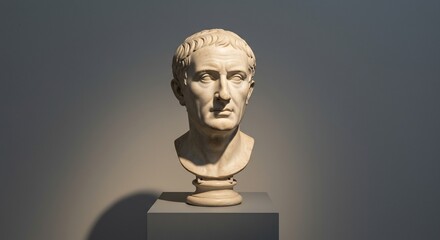 Marble bust of a Roman emperor likely Julius Caesar on a gray pedestal against a gray background