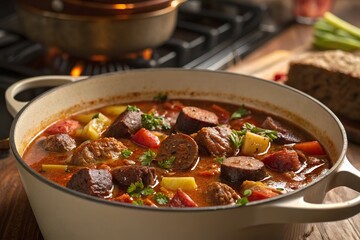 Close up of tacho stew bubbling in large cooking pot