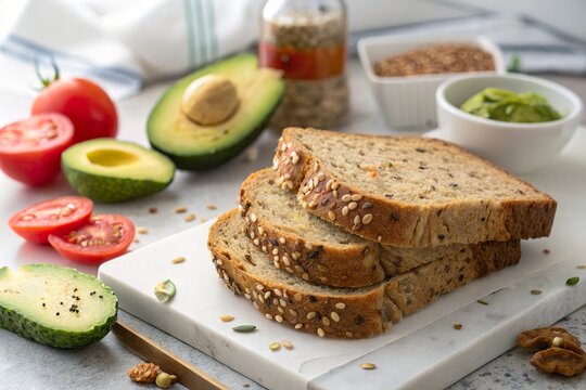 Close up of multigrain bread slices with visible seeds and texture - Powered by Adobe