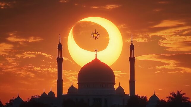 Silhouette of a mosque with domes and minarets against an orange sky during a partial solar eclipse forming a crescent shape around a star - Powered by Adobe