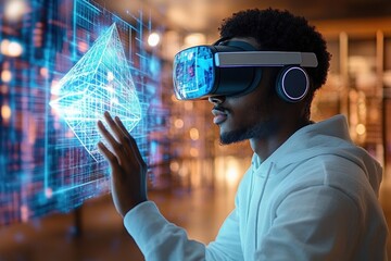 Young man wearing virtual reality headset interacting with glowing holographic geometric shape in futuristic digital environment