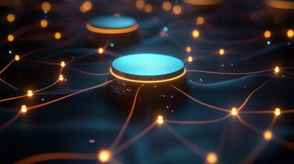 Glowing blue and orange circular nodes connected by illuminated lines on a dark surface representing a digital network or neural connections