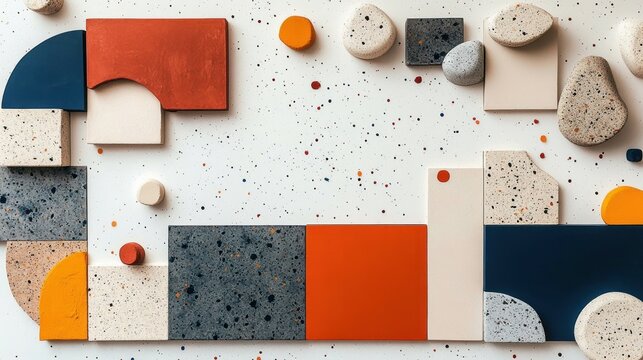 Arrangement of various geometric shapes and stones in earthy and bold colors on a speckled white surface creating a balanced abstract composition