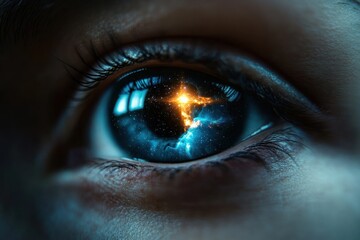 Naklejka premium Close-up of a human eye reflecting a luminous cosmic scene with stars and nebulae, evoking a sense of wonder and introspection