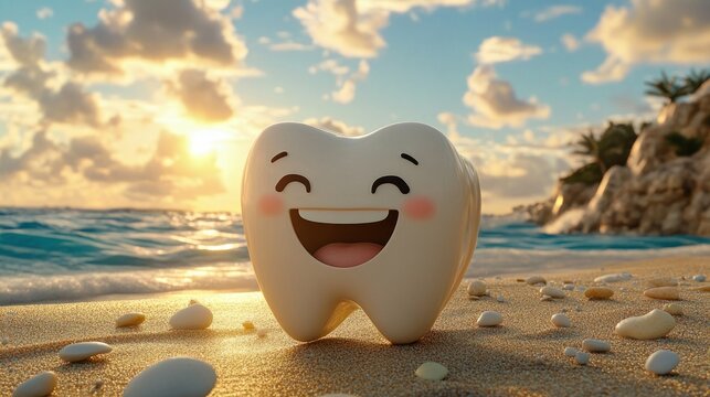 Happy cartoon tooth character smiling brightly on a sandy beach with scattered seashells and rocks during a golden sunset by the ocean