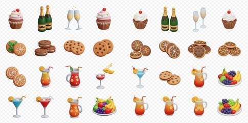 A vibrant collection of 3D rendered icons featuring various celebratory food and drink items like cupcakes, champagne, cookies, cocktails, and fruit bowls.