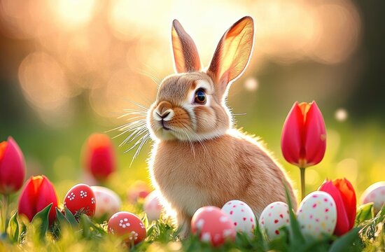 A cute brown rabbit sitting among colorful decorated eggs and red tulips with soft sunlight creating a warm and peaceful spring atmosphere