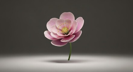 Pink flower blooms with yellow center against a gray background and lit stage
