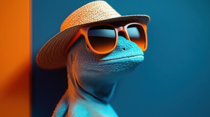 Close-up of a blue lizard wearing orange sunglasses and a straw hat against a vibrant blue and orange background, exuding a cool and relaxed vibe