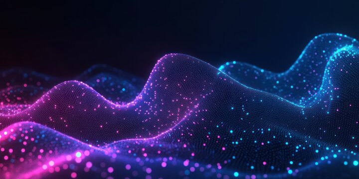 Abstract glowing waveforms with purple and blue dots forming a smooth, flowing digital landscape on a dark background