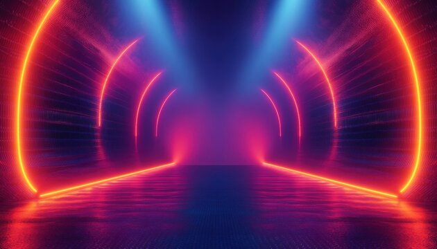 Futuristic glowing tunnel with neon orange and blue lights creating a symmetrical vibrant pathway with reflective floor and misty atmosphere