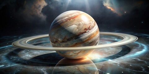 A celestial body with a ring system, swirling clouds, and a reflective surface in a cosmic expanse