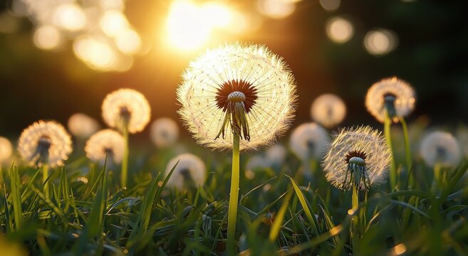 Close-up of dandelion seed heads illuminated by warm sunlight in a green grassy field at golden hour