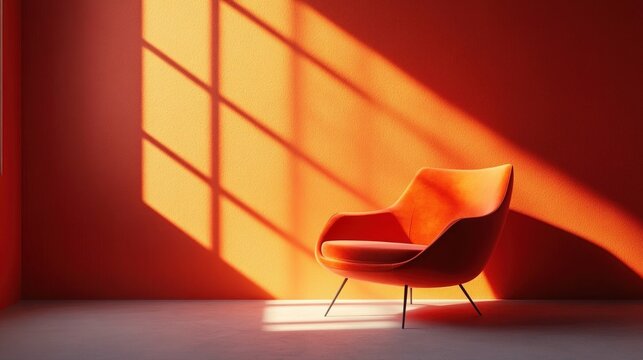 Modern orange chair illuminated by sunlight casting window shadows on vibrant orange wall in minimalist interior