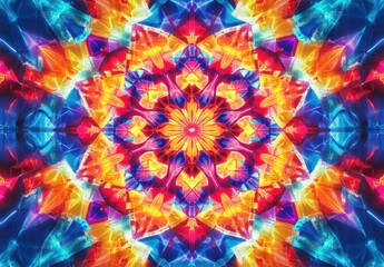 Vibrant symmetrical kaleidoscope pattern with bright blue, red, orange, and yellow colors radiating from the center in a geometric floral design