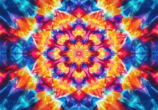 Vibrant symmetrical kaleidoscope pattern with bright blue, red, orange, and yellow colors radiating from the center in a geometric floral design