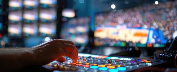 The broadcast switcher in a live control room mixing multiple sports camera feeds