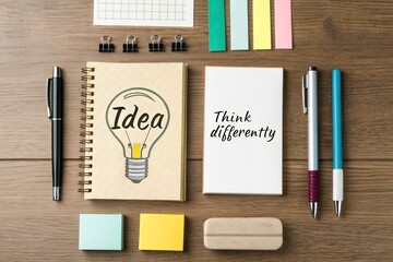 Flat Lay of Idea Lightbulb Notebooks and Office Supplies