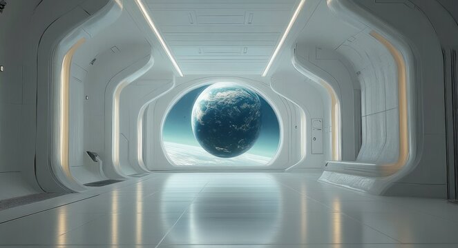 futuristic white spaceship interior with large rounded window showing planet earth and outer space
