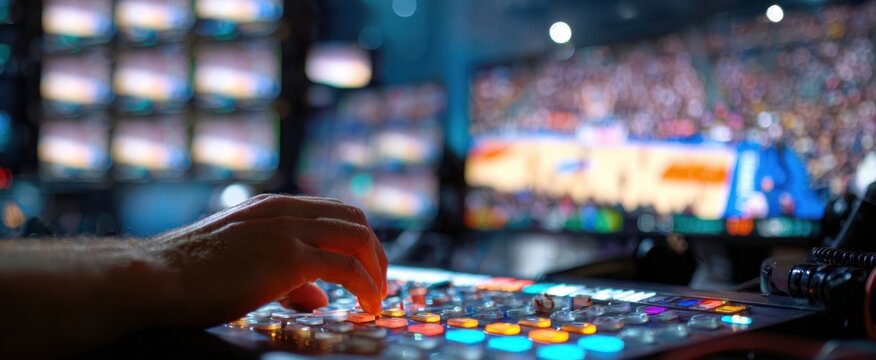 The broadcast switcher in a live control room mixing multiple sports camera feeds