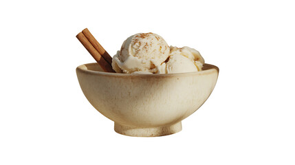 Minimalistic shot of a bowl of cinnamon ice cream with a cinnamon stick
