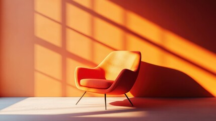 Modern orange lounge chair casting shadow against orange wall with large window light patterns, minimal and warm atmosphere