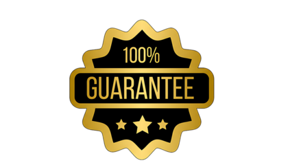 Golden 100 percent guarantee emblem with stars isolated on transparent background