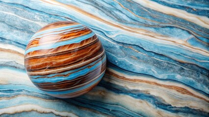 Striped sphere resting on a textured surface with swirling blue, brown, and beige patterns