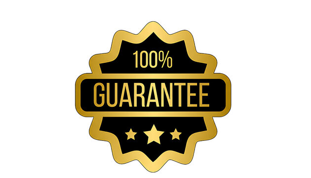 Golden 100 percent guarantee emblem with stars isolated on transparent background