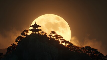 Obraz premium Mystical East Asian Pagoda Silhouetted Against Glowing Full Moon on Mountain Peak