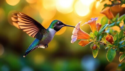 Fototapeta premium vibrant hummingbird with iridescent green and blue feathers feeding from a peach-colored trumpet flower in golden sunlight