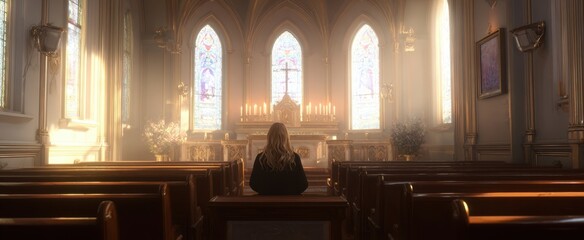 The woman praying alone in a sunlit historic church with stained glass windows